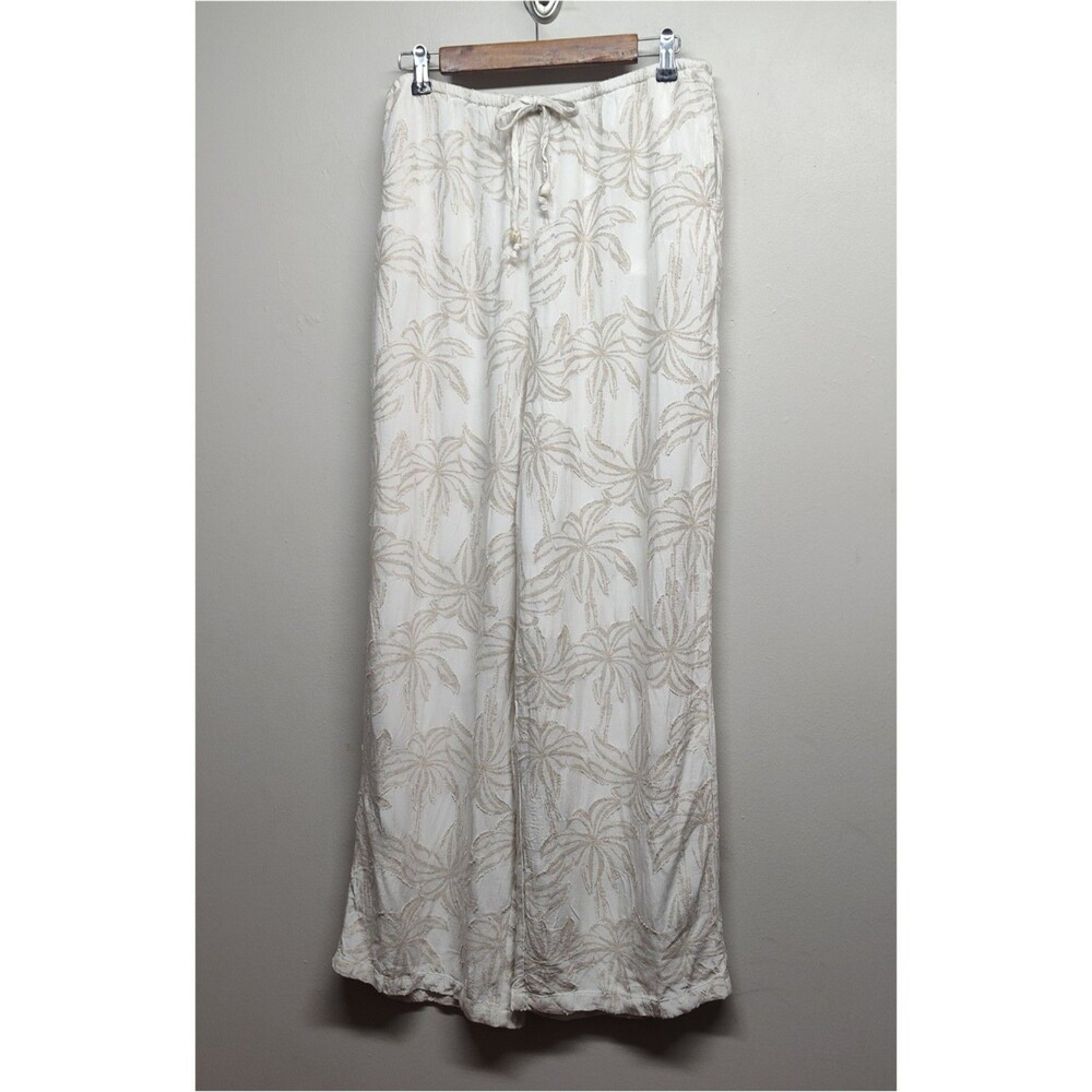 Blue Island Wide Leg Linen Pants Women L Tan Relaxed Palm Trees Tropical Beachy